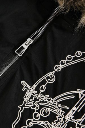 Concert Outfit Embroidered Fur Hooded Quilted Jacket