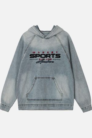 Concert Outfit Embroidered Washed Distressed Denim Hoodie