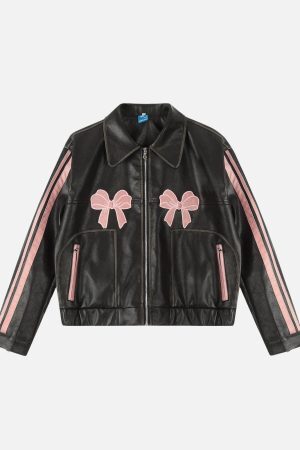 Concert Outfit Embroidery Bow Faux Leather Jacket