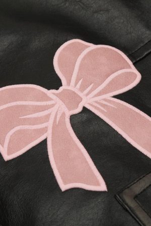 Concert Outfit Embroidery Bow Faux Leather Jacket