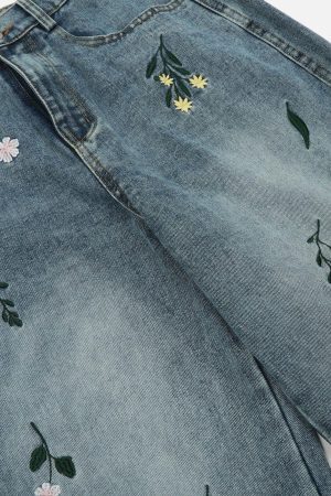 Concert Outfit Embroidery Flower Washed Jeans