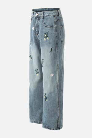Concert Outfit Embroidery Flower Washed Jeans