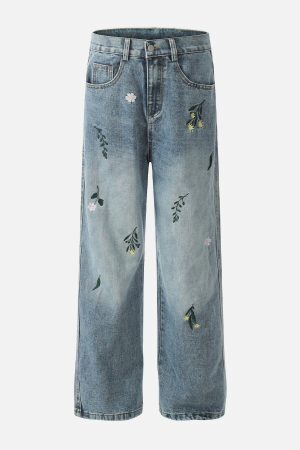 Concert Outfit Embroidery Flower Washed Jeans