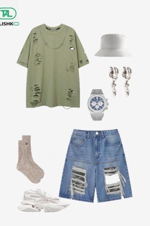 Concert Outfit Fake Hole Camouflage Patch Jorts