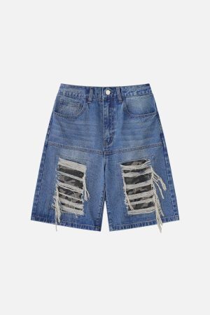 Concert Outfit Fake Hole Camouflage Patch Jorts