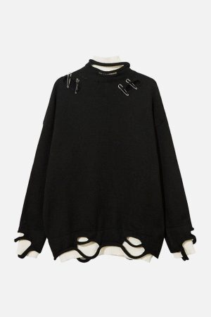 Concert Outfit Fake Two-Piece Pin Design Sweater