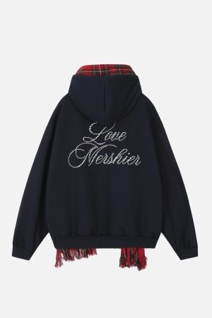 Concert Outfit Fake Two Piece Plaid Scarf Hoodie