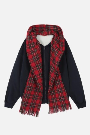 Concert Outfit Fake Two Piece Plaid Scarf Hoodie