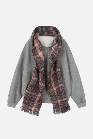 Concert Outfit Fake Two Piece Plaid Scarf Hoodie