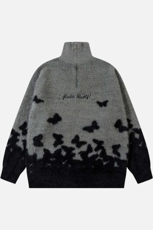 Concert Outfit Faux Mink Butterfly Zip Up Turtle Neck Sweater