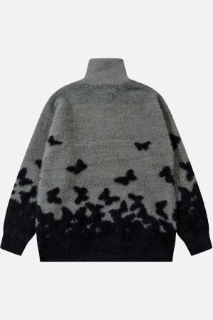 Concert Outfit Faux Mink Butterfly Zip Up Turtle Neck Sweater