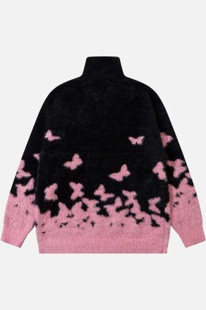 Concert Outfit Faux Mink Butterfly Zip Up Turtle Neck Sweater