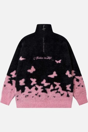 Concert Outfit Faux Mink Butterfly Zip Up Turtle Neck Sweater