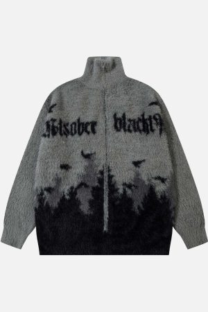 Concert Outfit Faux Mink Fur Forest Bird High Collar Zipper Sweater