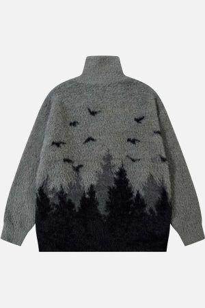 Concert Outfit Faux Mink Fur Forest Bird High Collar Zipper Sweater