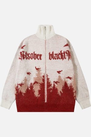 Concert Outfit Faux Mink Fur Forest Bird High Collar Zipper Sweater