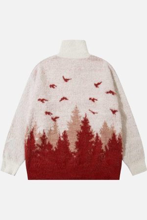 Concert Outfit Faux Mink Fur Forest Bird High Collar Zipper Sweater