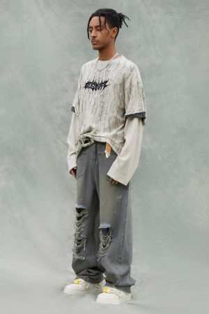 Concert Outfit Faux Two-Piece Distressed Woolen T-Shirt