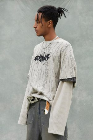 Concert Outfit Faux Two-Piece Distressed Woolen T-Shirt