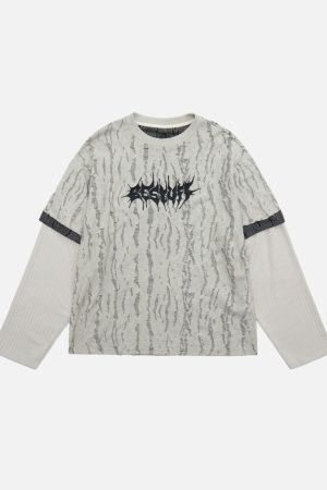 Concert Outfit Faux Two-Piece Distressed Woolen T-Shirt