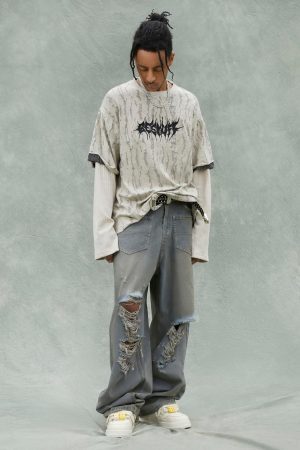 Concert Outfit Faux Two-Piece Distressed Woolen T-Shirt