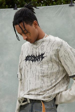 Concert Outfit Faux Two-Piece Distressed Woolen T-Shirt