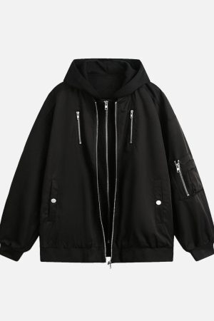 Concert Outfit Faux Two-Piece Multi Pocket Spliced Hooded Bomber Jacket