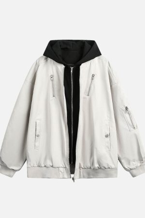 Concert Outfit Faux Two-Piece Multi Pocket Spliced Hooded Bomber Jacket