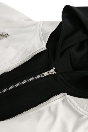 Concert Outfit Faux Two-Piece Multi Pocket Spliced Hooded Bomber Jacket