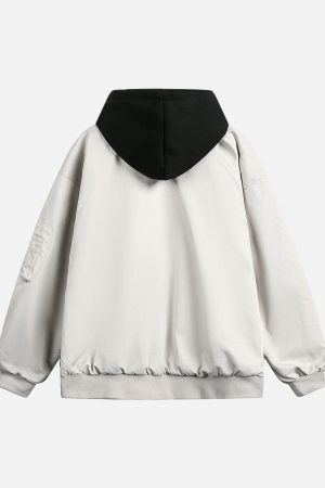 Concert Outfit Faux Two-Piece Multi Pocket Spliced Hooded Bomber Jacket