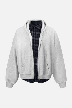 Concert Outfit Faux Two-Piece Plaid Fleece Hooded Jacket