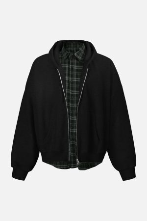 Concert Outfit Faux Two-Piece Plaid Fleece Hooded Jacket