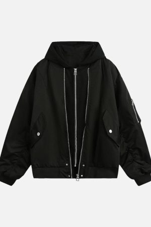 Concert Outfit Faux Two-Piece Pleated Spliced Hooded Bomber Jacket