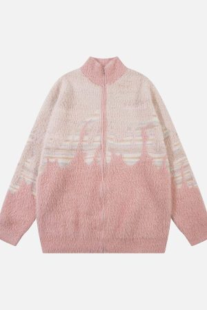 Concert Outfit Flame Embroidery Fuzzy Zipper Sweater
