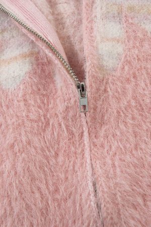 Concert Outfit Flame Embroidery Fuzzy Zipper Sweater