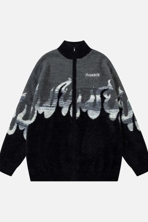 Concert Outfit Flame Embroidery Fuzzy Zipper Sweater
