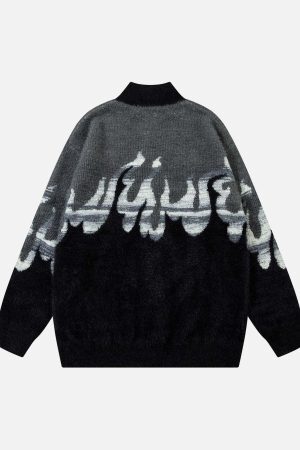 Concert Outfit Flame Embroidery Fuzzy Zipper Sweater