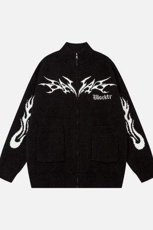 Concert Outfit Flame Faux Mink Fur Zip Up Mock Neck Sweater