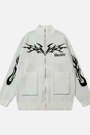 Concert Outfit Flame Faux Mink Fur Zip Up Mock Neck Sweater