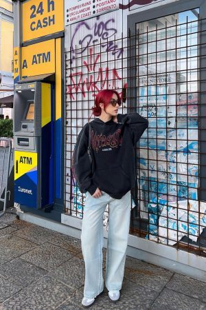 Concert Outfit Flame Letter Washed Hoodie