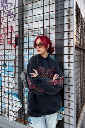 Concert Outfit Flame Letter Washed Hoodie
