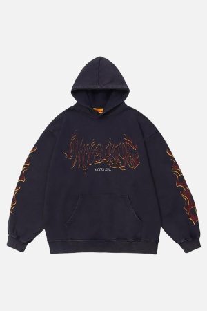 Concert Outfit Flame Letter Washed Hoodie