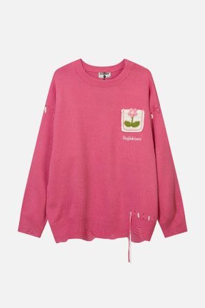 Concert Outfit Floral Embroidered Crew Neck Sweater