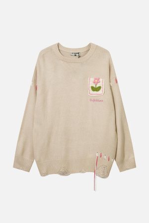 Concert Outfit Floral Embroidered Crew Neck Sweater