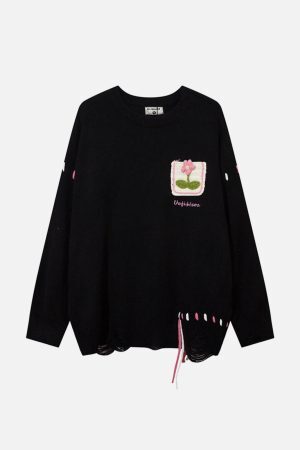 Concert Outfit Floral Embroidered Crew Neck Sweater