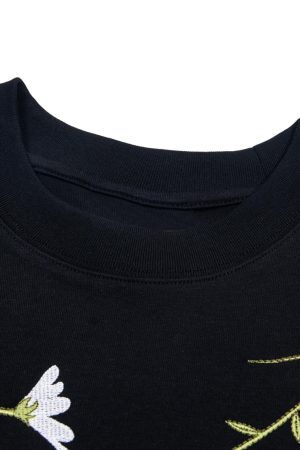 Concert Outfit Floral Embroidered Oversized Short Sleeve T-Shirt