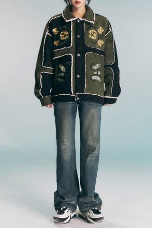 Concert Outfit Floral Embroidered Suede Fleece Jacket