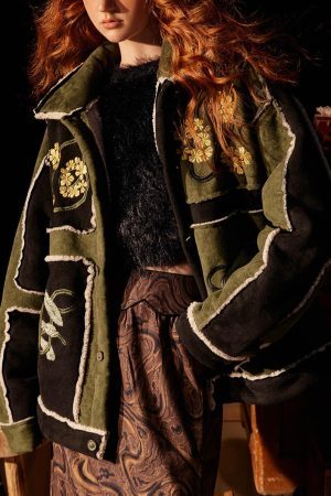 Concert Outfit Floral Embroidered Suede Fleece Jacket