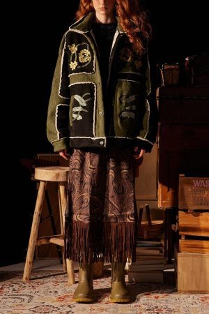 Concert Outfit Floral Embroidered Suede Fleece Jacket