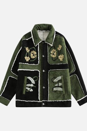 Concert Outfit Floral Embroidered Suede Fleece Jacket